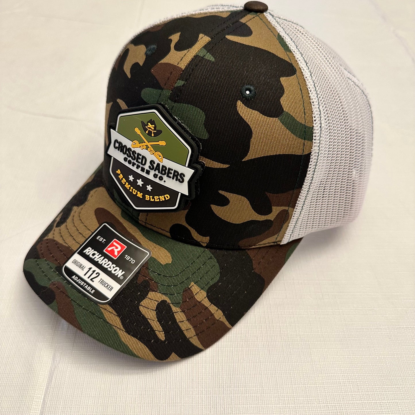 Crossed Sabers Coffee Trucker Hat and Morale Patch White Back