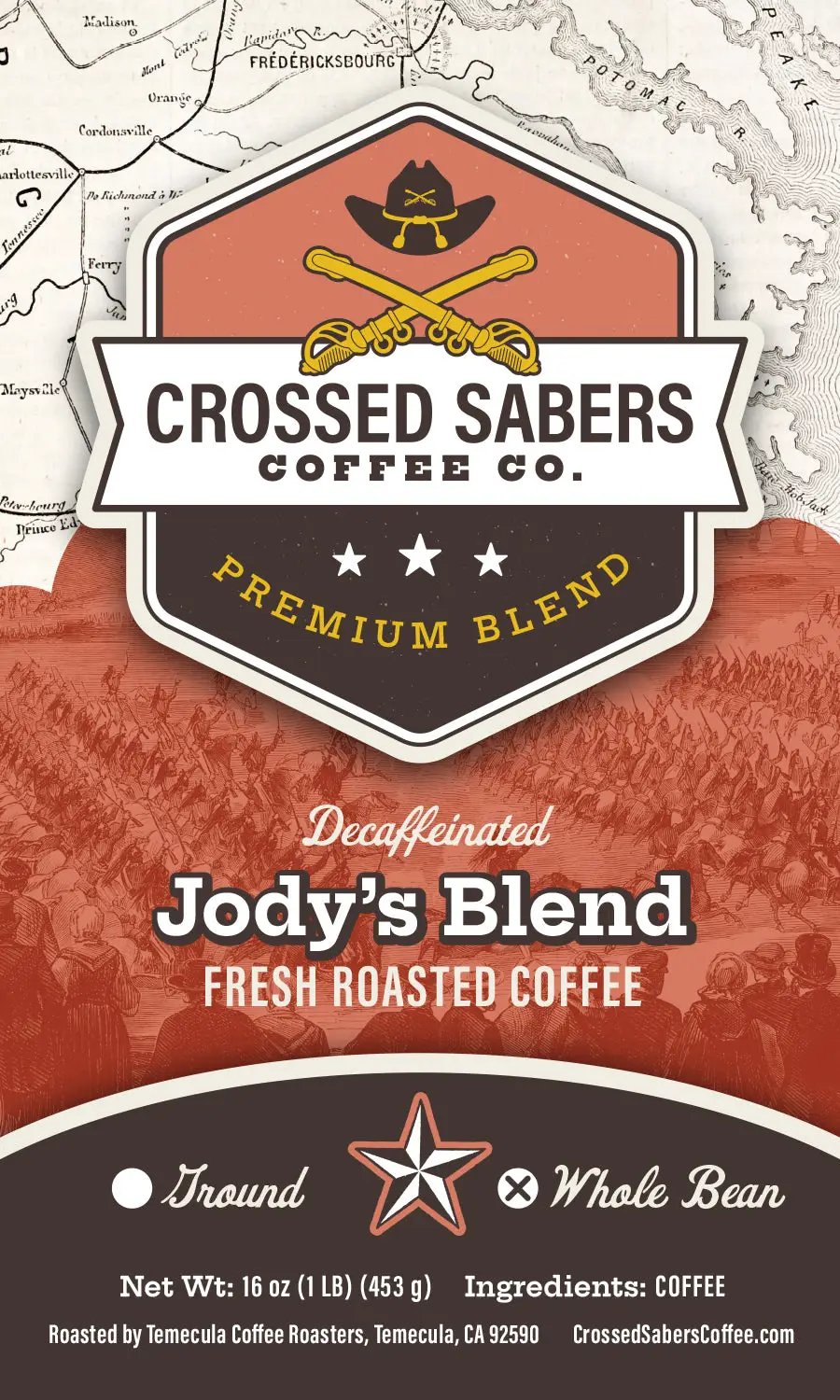 Crossed Sabers Coffee Jody's Blend Decaf 16oz Whole Bean