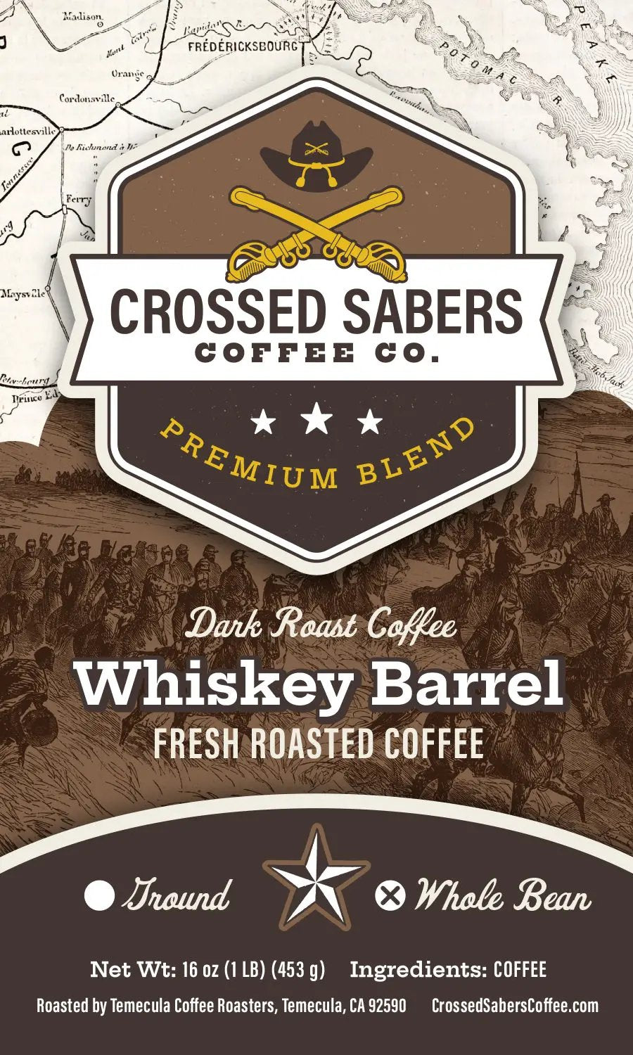 Crossed Sabers Coffee Whiskey Barrel 16oz Whole Bean