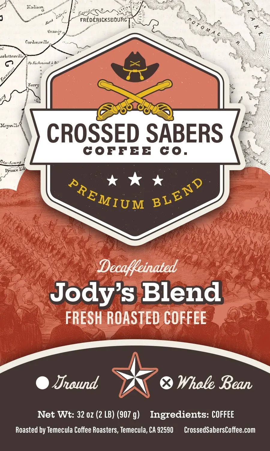 Crossed Sabers Coffee Jody's Blend Decaf 2lb Whole Bean