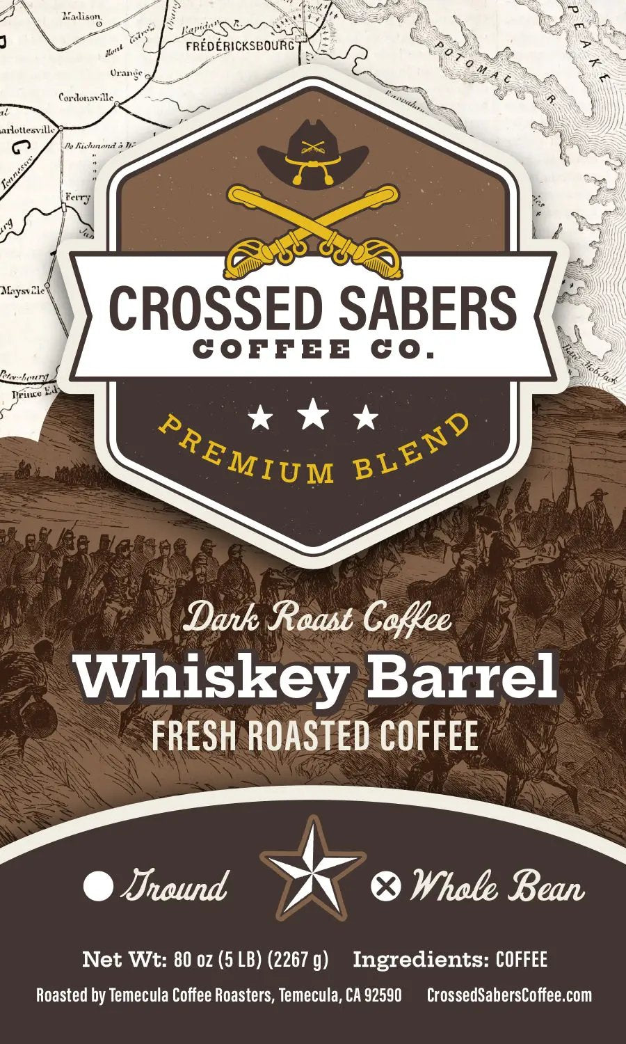 Crossed Sabers Coffee Whiskey Barrel 5lb Whole Bean