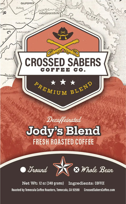 Crossed Sabers Coffee Jody's Blend Decaf 12oz Whole Bean